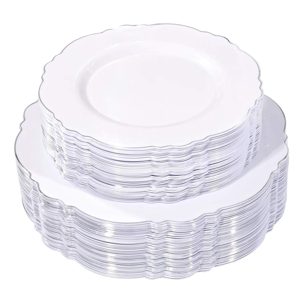 WDF100pcs Silver Plastic Plates - High-end Baroque Design - Heavy Duty White &Silver Plates for Christmas Upscale Parties &Wedding