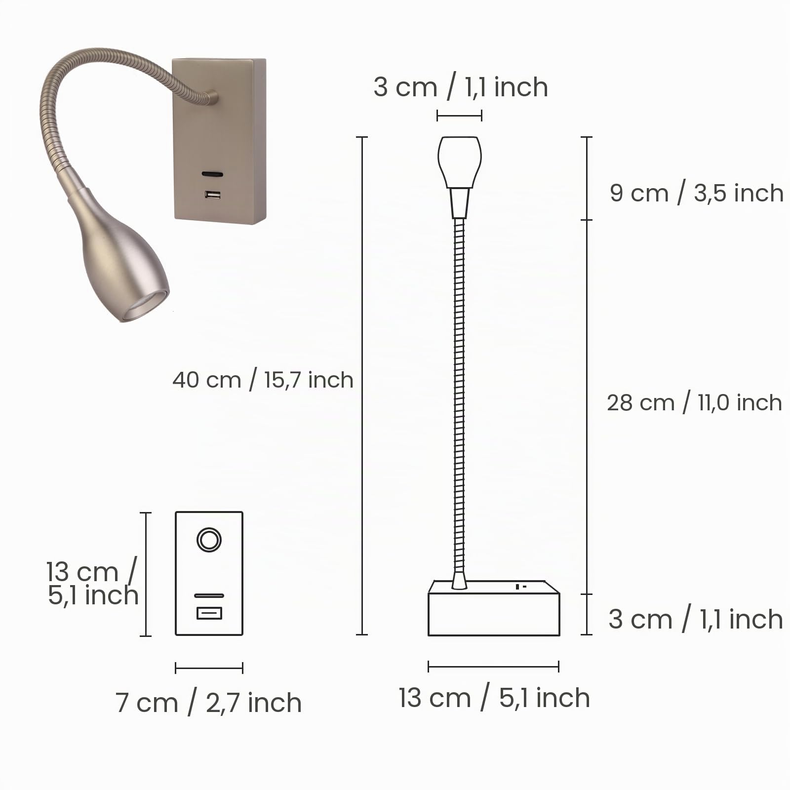 Meanyee Leselampe Wandlampe Nachttischlampe Schwanenhals mit Schalter / USB-Ladeanschluss / verstellbar / 3W 3000K / Finish Nickel gebürstet / MY-WN198N