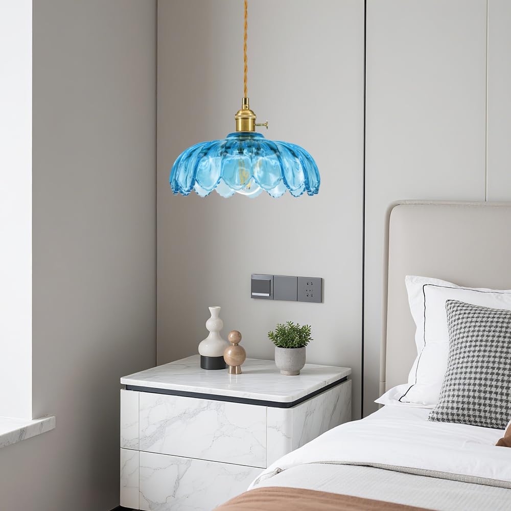 Lampada a sospensione blu a forma di loto, per tavolo da pranzo, in vetro vintage, con attacco E27, regolabile in altezza, moderna lampada a sospensione retrò, paralume in vetro di loto, di
