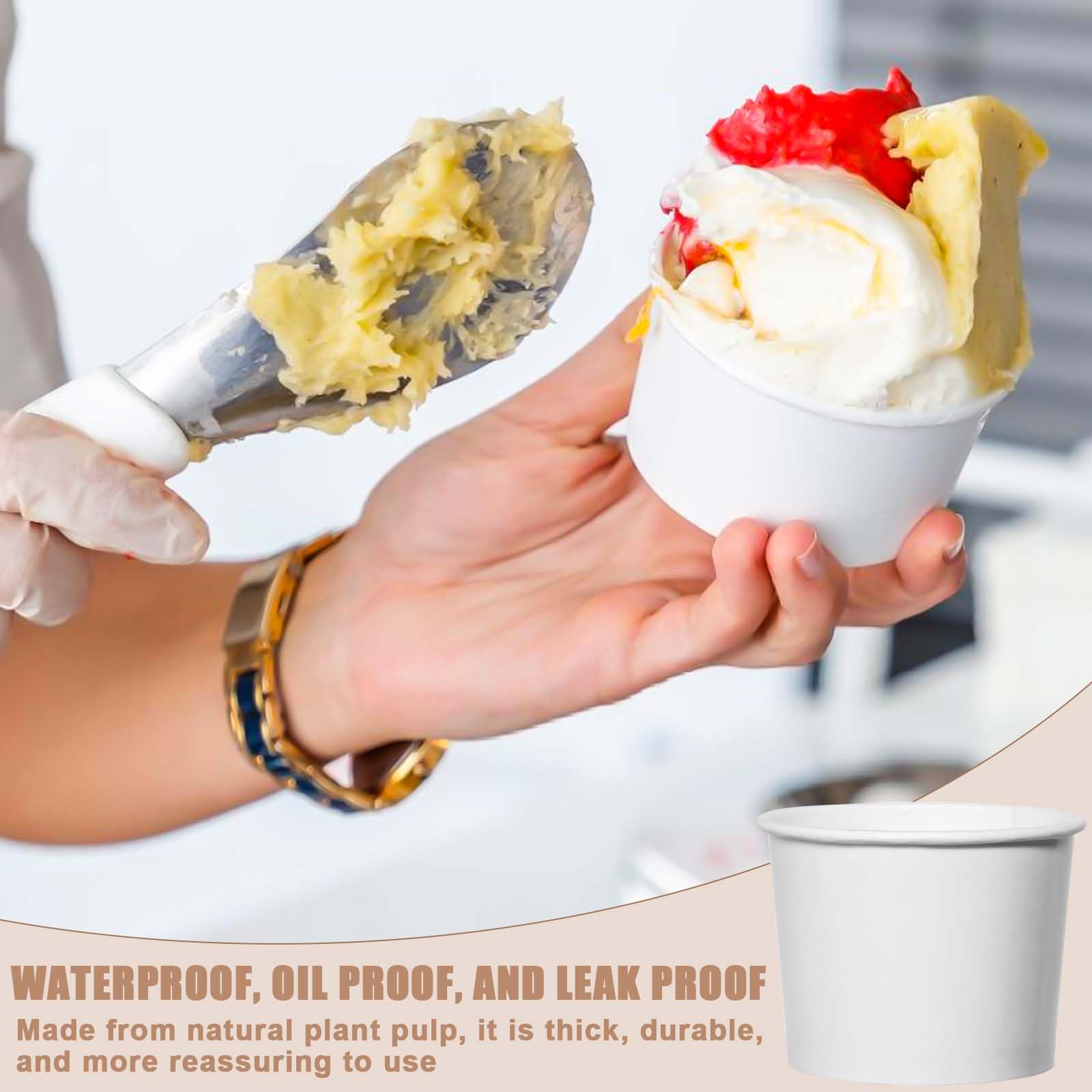 50 bicchieri da gelato universali in cartone ecologico, 240 ml, in carta, con 50 cucchiai, in cartone, compostabili, per gelato, yogurt, finger food, bianco