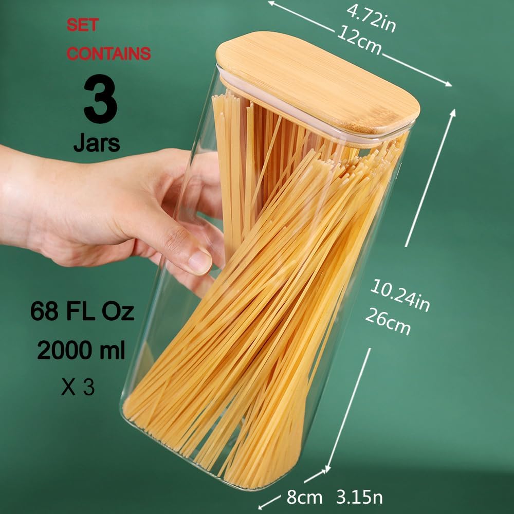 68oz Glass Storage Containers Set of 3 with Lids, Ideal for Pasta, Pickles, Rice, Chia Pudding, Coffee, Spices, Snacks - Tall Jars, Yogurt & Meal Prep Containers for Kitchen Organization - Image 2