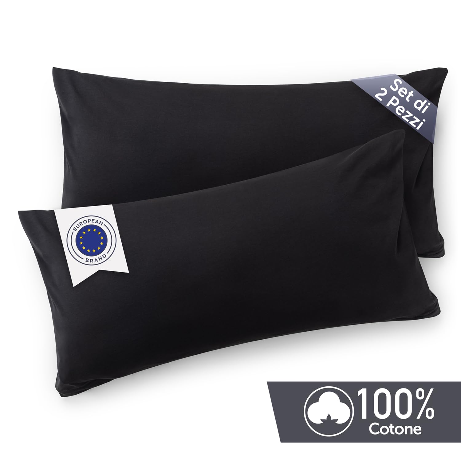 Blumtal Federe Cuscini Letto Matrimoniale Cotone - Federe Cuscini 50x70-100% Cotone, Set di 2 Federe in Jersey con Cerniera, Federa certificate Oeko-Tex, Federe Cuscino Letto - Nero