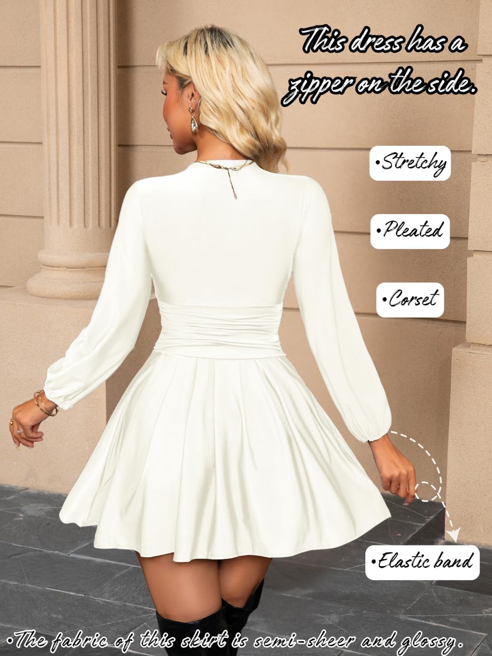 Pleated Mini Dress, V Neck A Line, Semi Formal Cocktail, Smocked Ruched Short Skater Dresses Date Night for Women - Image 3