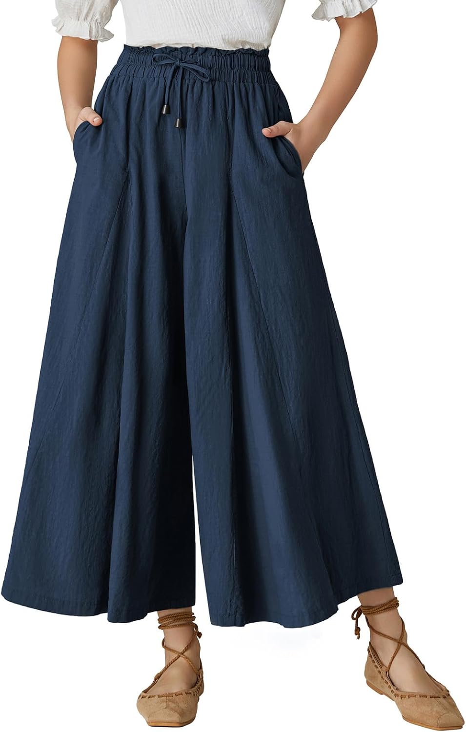 Scarlet Darkness Women Wide Leg Pants High Waist Linen Casual Loose Lounge Trousers with Pockets Small Navy Blue