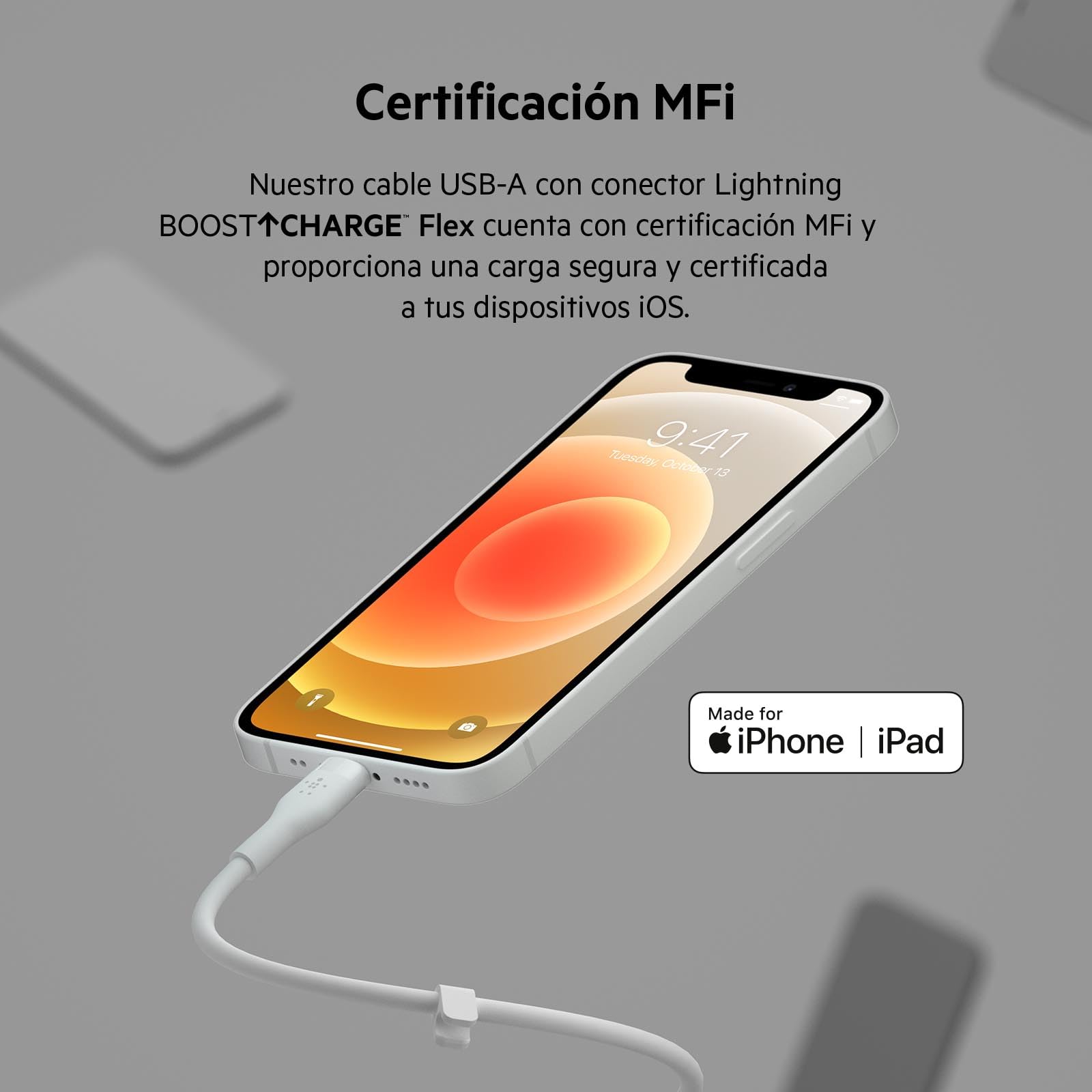 Belkin Cable de silicona USB-A a Lightning de 2 m BoostCharge Flex, Cable de Carga con Certificación MFi para iPhone 14/14 Plus, 13, 12, Pro, Max, Mini, SE, iPad y Otros, Blanco