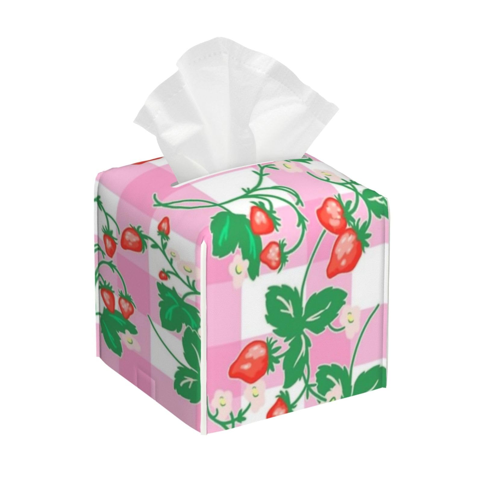 Cottagecore Strawberry Patch on Pink Gingham Tissue Box Cover 5" Square Leather Tissue Holder Facial Tissue Case for Tabletop Bedroom Bathroom Desk Decor