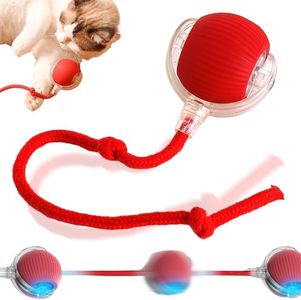 Interactive Cat Toys Ball,Upgraded Automatic with Elastic Tail Rope and USB Charging.Stimulates Hunting Instincts/Promotes Exercise.Interactive Cat Toys for Bored Indoor Adult Cats (Red)