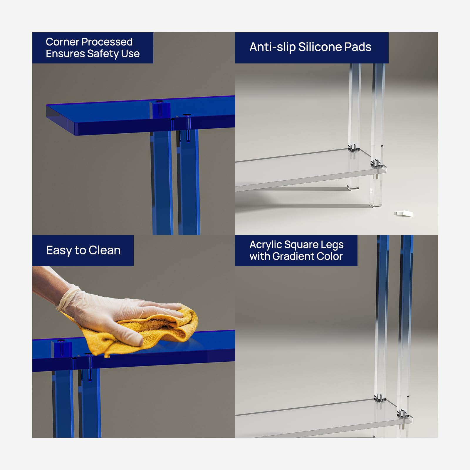 Mesa consola estrecha de acrílico, con patas cuadradas azules degradadas transparentes, 7.6 pulgadas de ancho, mesa de entrada transparente de 2 niveles para pasillo, vestíbulo, sofá, sala de 4