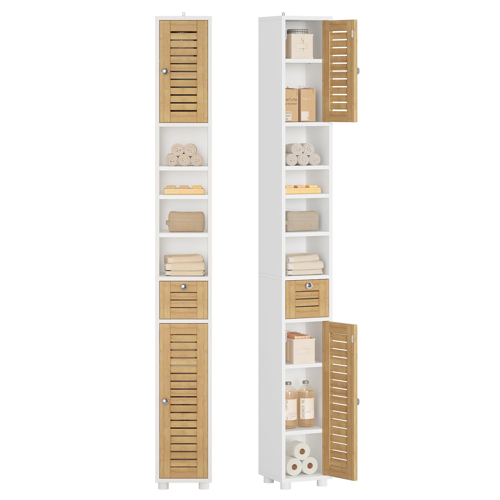 FORABAMB Meuble Salle De Bain Rangement, Colonne Salle De Bain Avec 3 Tiroirs Et 3 Compartiments Ouverts, Armoire De Rangement Avec Étagère Réglable Pour Toilette, Salon, Cuisine, 180x40x30 Cm, Noir
