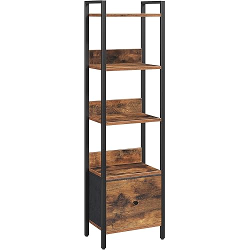 Bookshelf, 5-Tier Bookcase with Drawer, Small Book Shelf for Small Space, Storage Shelf Organizer, for Living Room, Bedroom, Study, Kitchen, Rustic Brown and Black BKHR55101