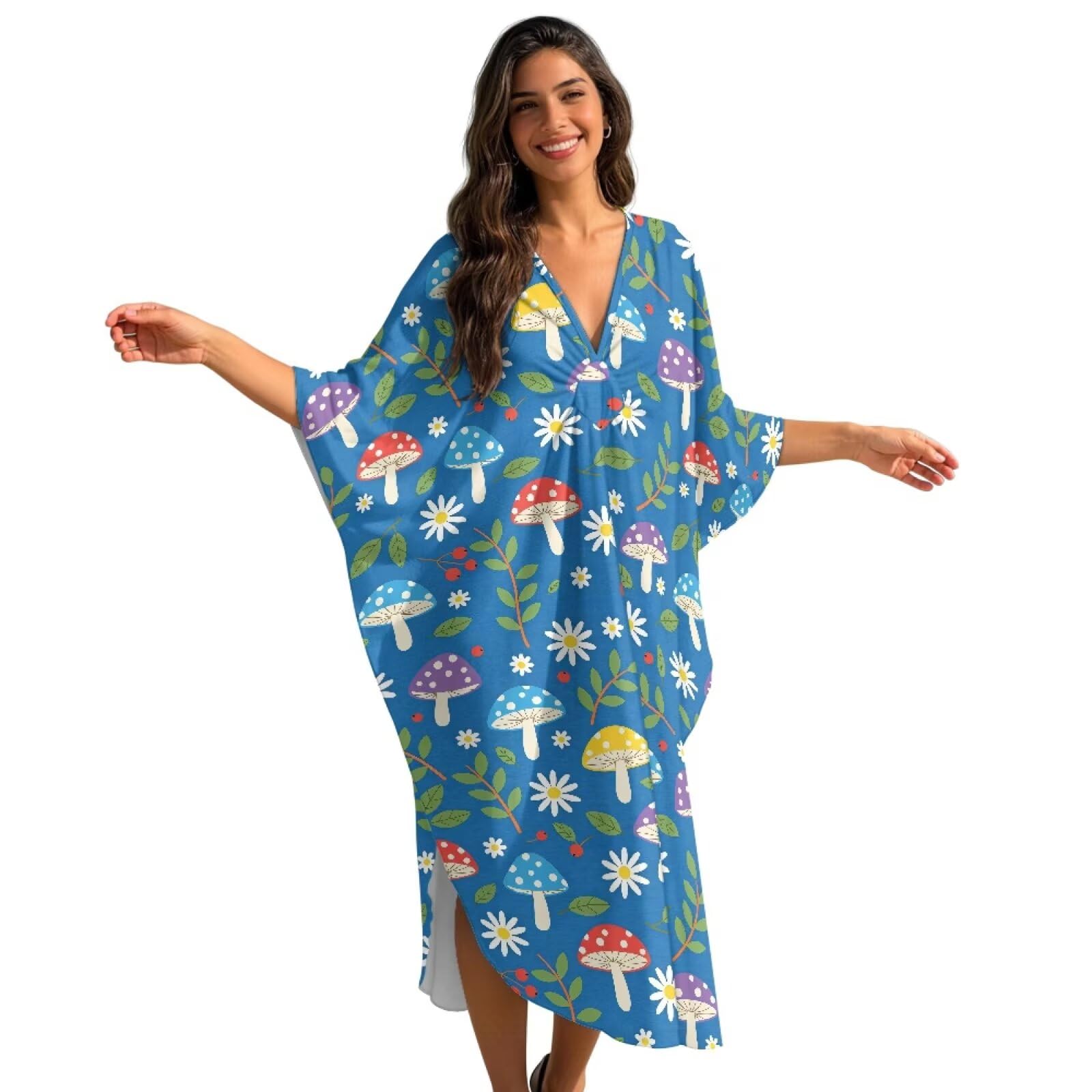 Poceacles Abiti lunghi da donna taglie forti caftani con scollo a V copertura da spiaggia maniche a pipistrello estate primavera autunno vestito coverup