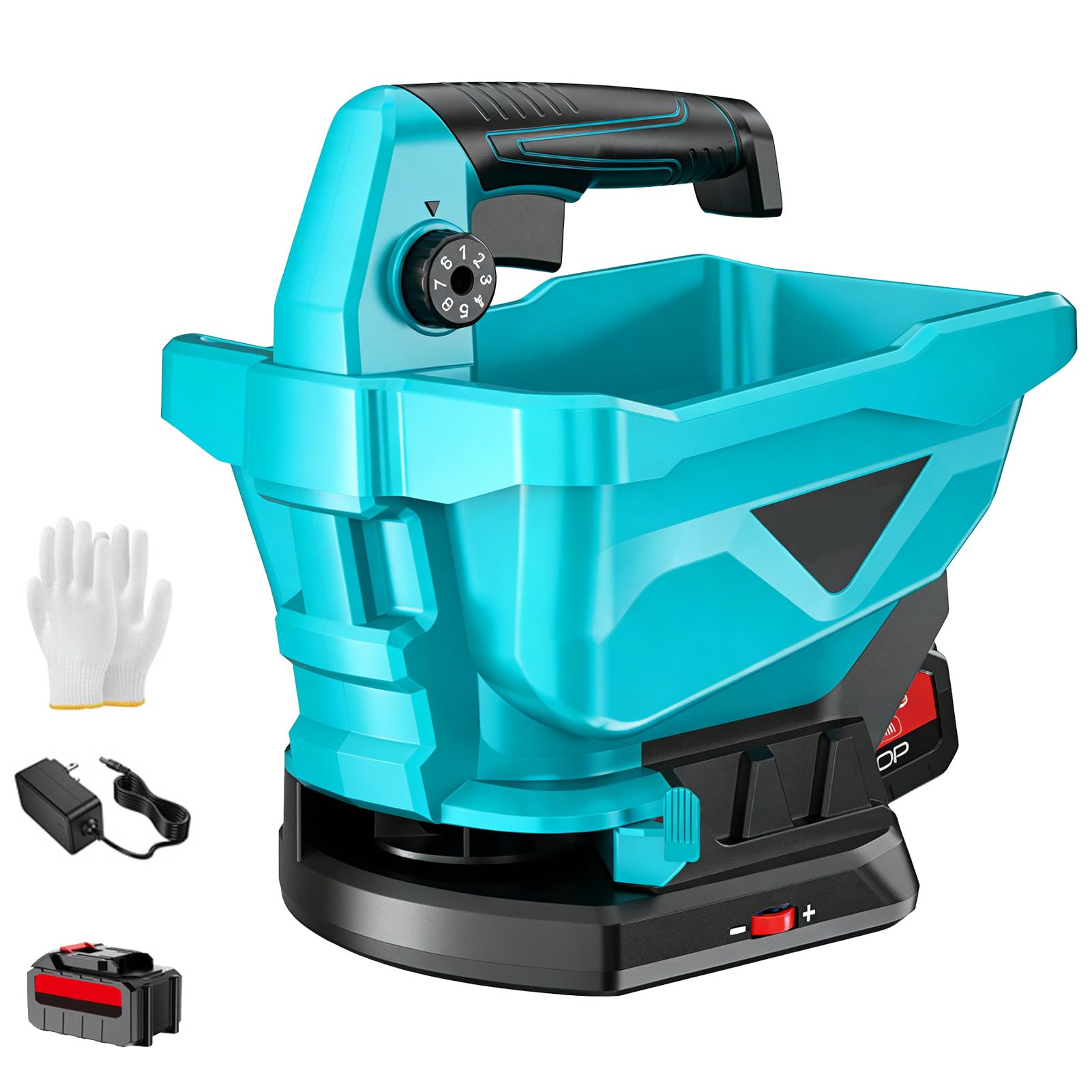 Esparcidor de semillas de mano inalámbrico, esparcidor de fertilizante de 3.8 L con 2 baterías, 6 engranajes ajustables, caudal variable para semillas, piensos y agentes de fusión de nieve