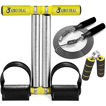 3-in-1 Fitness Combo: Double Spring Tummy Trimmer, Skipping Rope & Hand Gripper – Home Gym Ab & Strength Training Kit