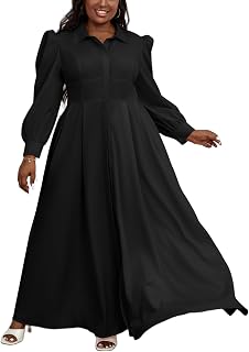 Pleated Shirt Maxi Dress for Curvy Women Puff Long Sleeve Button Outfits with Pockets