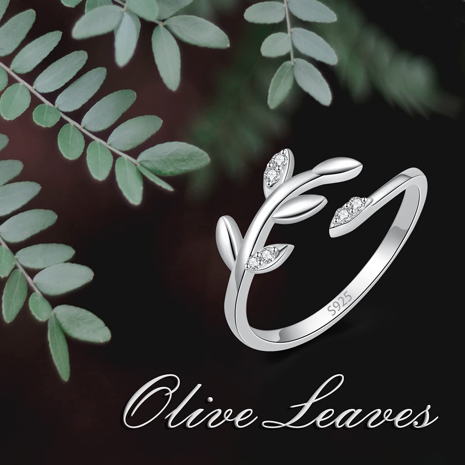 Regalos del día de San Valentín Anillo Abierto Ajustable de Plata de Ley 925 con Hoja de Olivo, Regalo de joyería para Mujeres, Adolescentes y Amantes de Las niñas