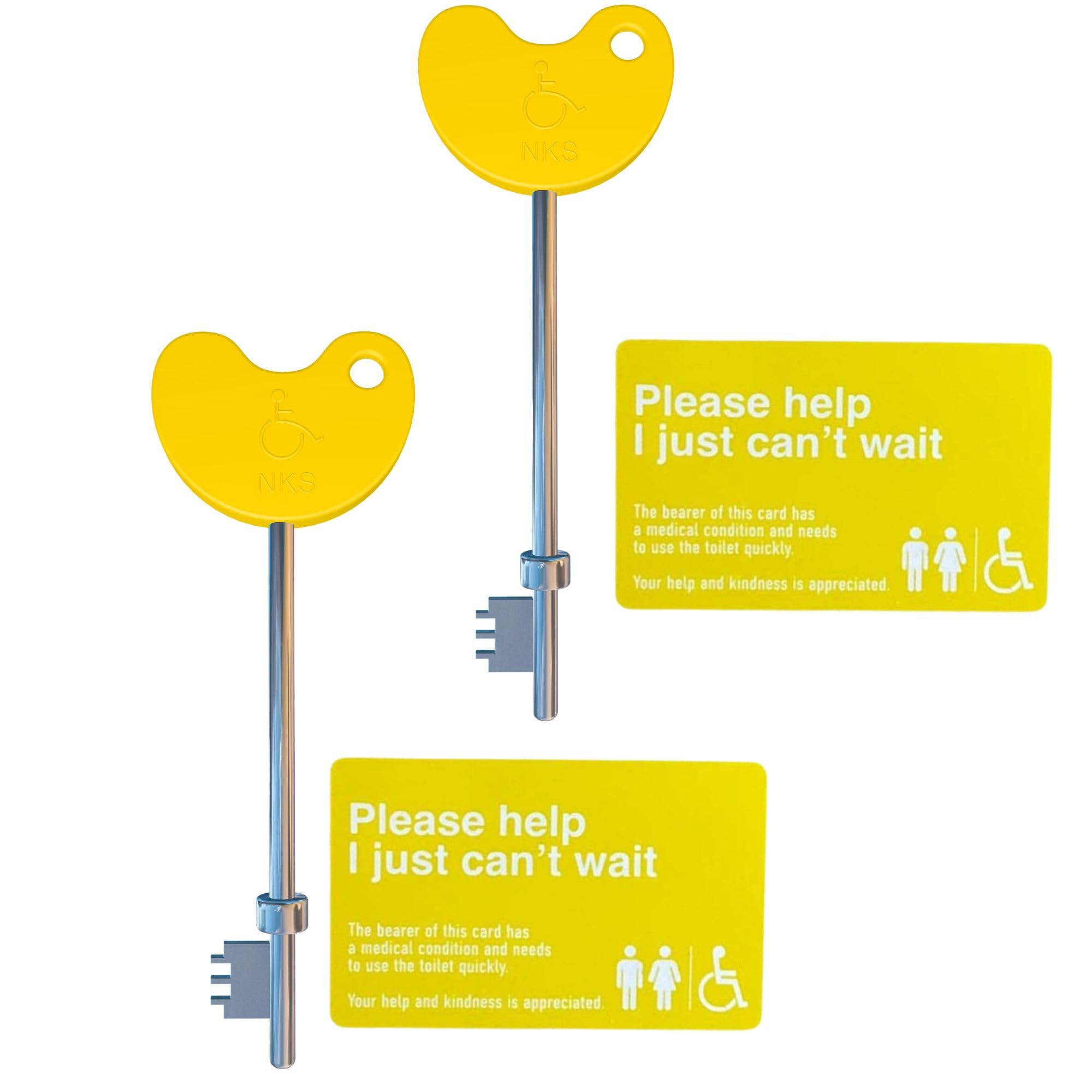NKS Yellow Radar Key & Card – Disabled Toilet and Bathroom Door Access, 2 Braille Easy-Turn Keys with 2 Cards, Trusted Radar Keys for Accessible Public Toilet Locks with Just Can't Wait Card (2-Pack)