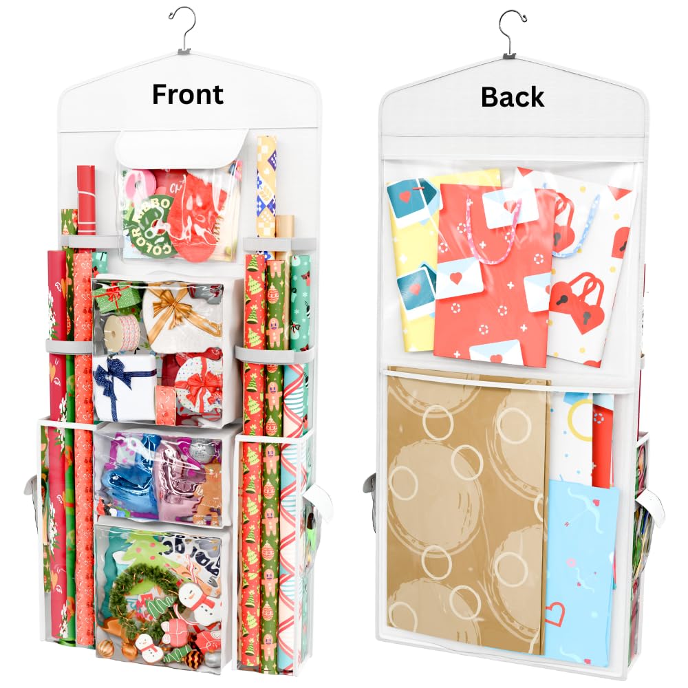 ProPik Hanging Double Sided Wrapping Paper Storage Organizer With Multiple Front And Back Pockets Organize Your Gift Wrap & Gift Bags Bows Ribbons 40”X17" Fits 40 Inch Rolls (White)