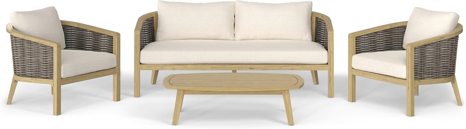 SIMPLIHOME Parkside SOLID ACACIA WOOD 70 inch Wide Rectangle Contemporary 4 Piece Outdoor Conversation Set in Natural for the Living Room