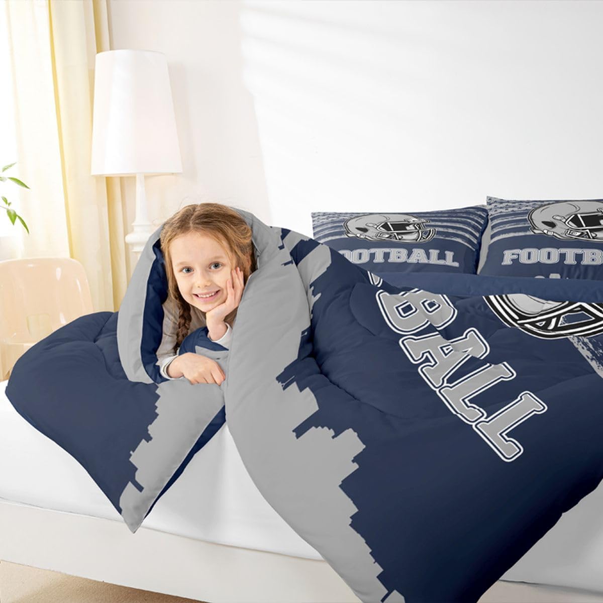 Erosebridal Boys Rugby Sports Decor Comforter Set for Boys Teens Youth Retro Sport Flag Bedding, Navy and Grey Football City Stripes USA Flag Duvet Set Queen with 2 Pillowcases
