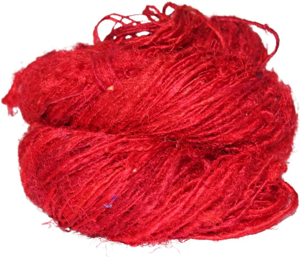 Knitsilk Premium Recycled Sari Silk Yarn - Red Shade 165 Yards | Good for Knitting, Crocheting and Jewelry Making