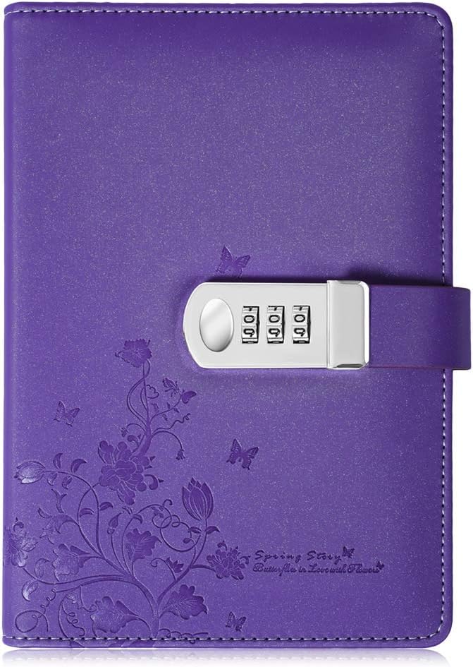 koboome PU Leather Diary with Lock, A5 Size Journal with Combination Lock Creative Password Notebook Locking Personal Diary (Purple)