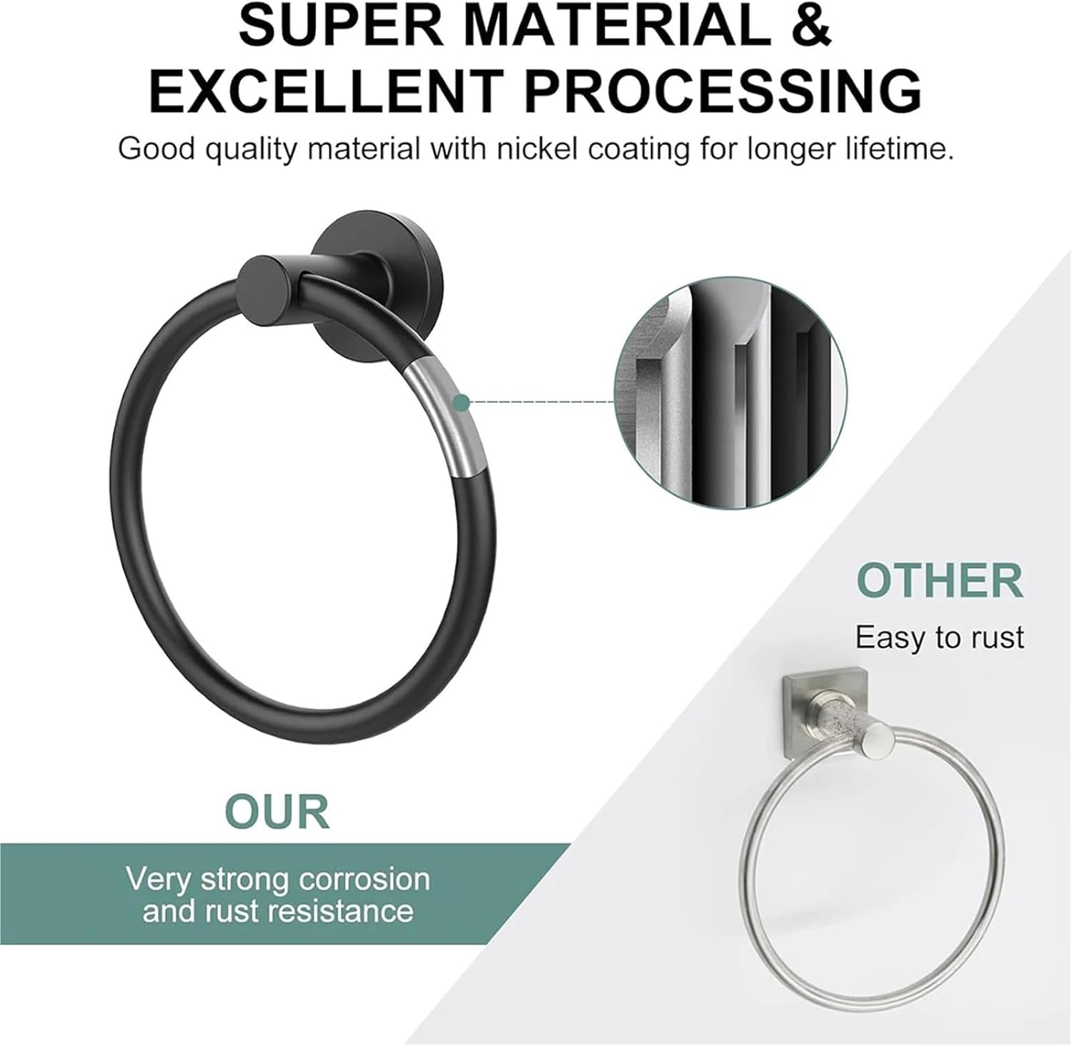 Towel Ring 5pcs Bathroom Towel Ring Hardware Accessories Storage Holder 304 Stainless Steel Matte Black Hand Towel Holder Round Towel Hanger for Bath, Kitchen(Black)