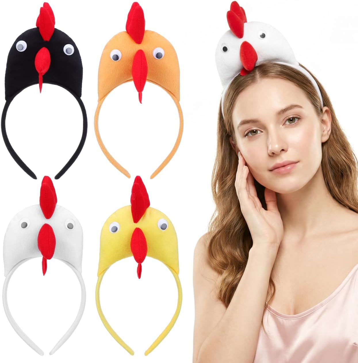 Angoily Chicken Headband for Kids and Adults Rooster Hair Hoop Animal Chick Head Decoration Easter Party Masquerade 9.44X4.72In 4 Pack