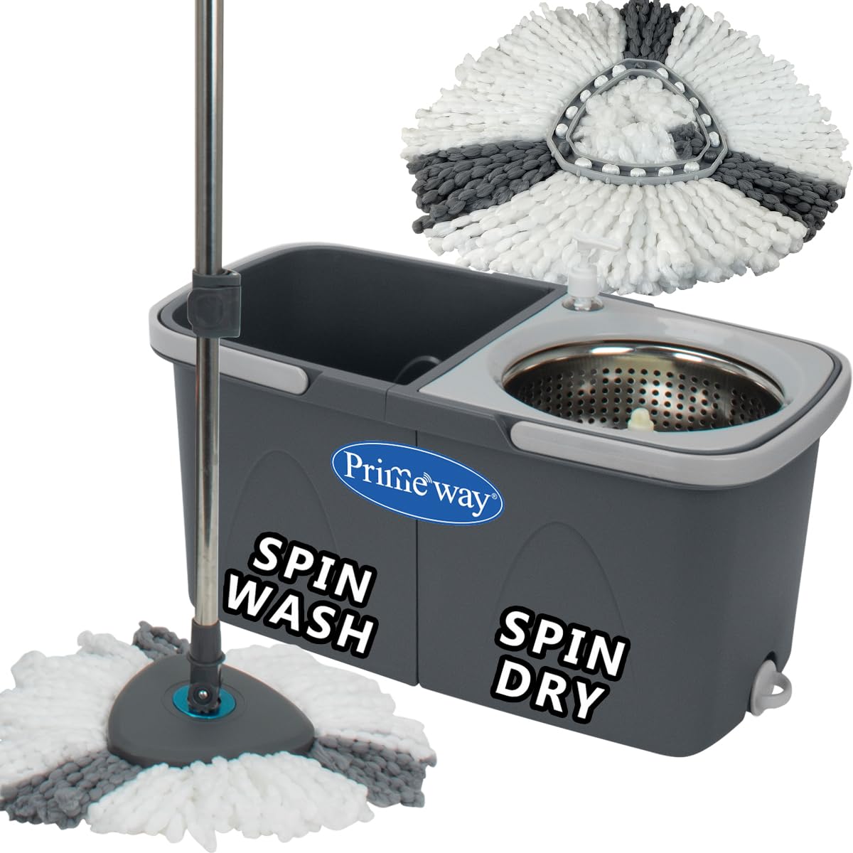Primeway® SS Upgraded Triangular Head Hydraulic Handle Twin Bucket Wash & Dry Spin Mop | SS Dewatering Basket | Advanced Stick Rod w/Triangular 2 Refills (6L_SS_Advanced_Hydraulic_Triangular)