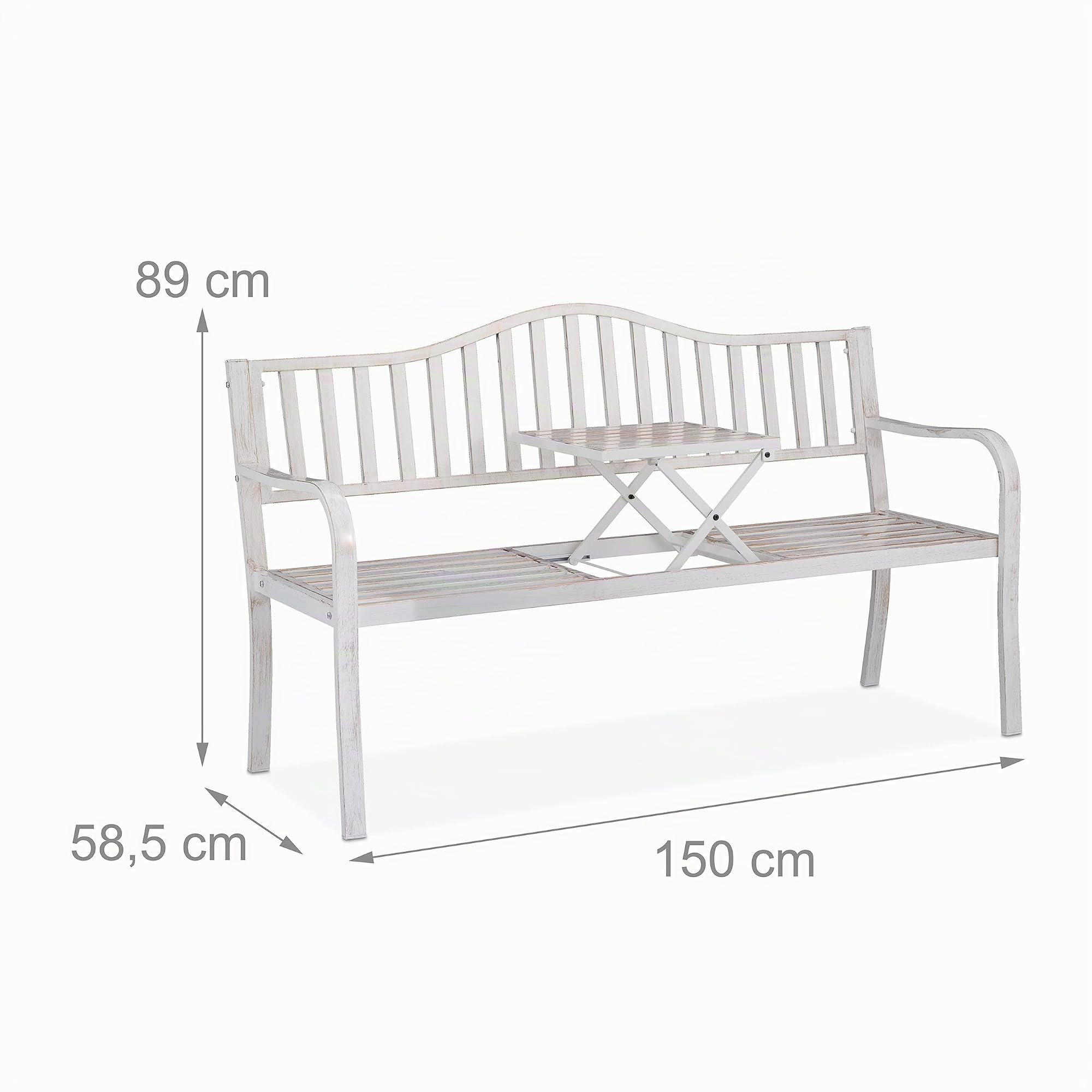 Relaxdays Banco Jardín con Mesa Plegable, 3 Plazas, Estable, Decoración Jardín Exterior, 89x150x58,5 cm, Blanco y Bronce