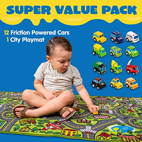 JOYIN Teppich Kinderzimmer 80x150cm mit 12 Mini Auto Spielzeug für Kinder, Spielteppich Straße Kinderteppich, Autoteppich Junge Mädchen für Schlafzimmer & Spielzimme - 2