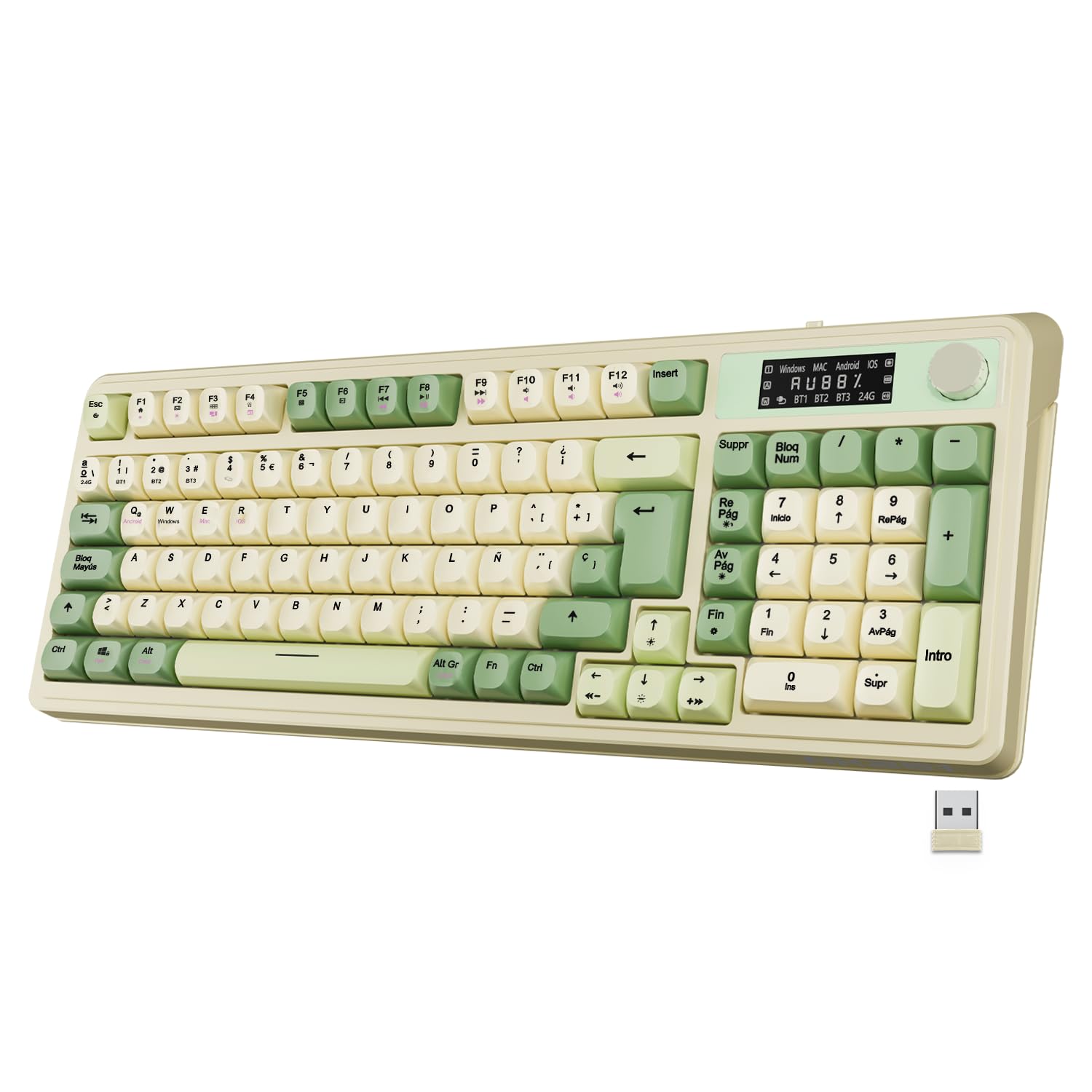 NEWWAY NK251 - Tastiera senza fili, ricaricabile, layout spagnolo QWERTY - Tripla modalità WiFi 2.4GHz / BT/USB-C - Display Digitale - Rotella Multifunzione - Retroilluminazione RGB - Ricevitore
