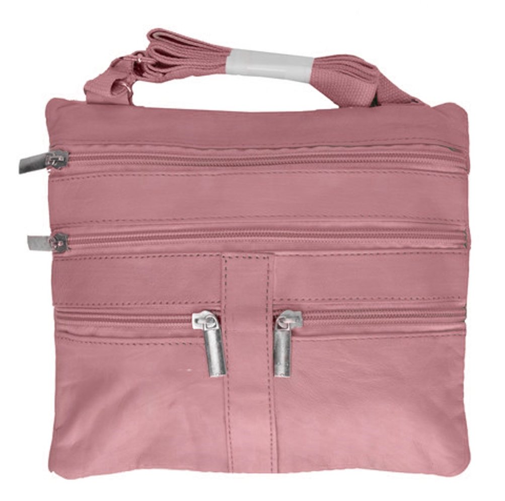 Lambskin Leather Double Compartments Cross-body Handbag Belt Purse in One - Pink