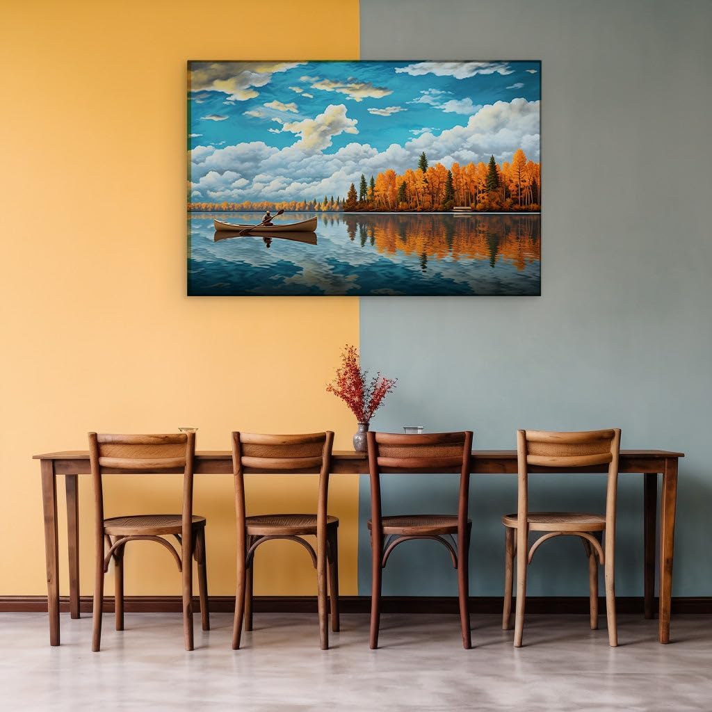 Canvas for Living room. Tranquil Waters: Rowing Through Autumn's Palette, 27 x 18 inch Canvas Wall Art - Contemporary Masterpieces - Modern Home Decor