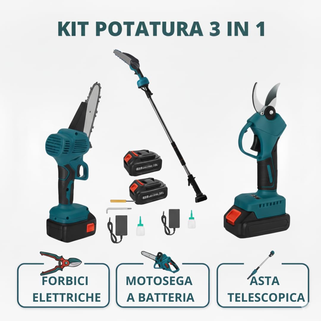Kit Potatura 3 in 1 - Forbice a Batteria e Motosega 6 Pollici Elettrica con Asta Telescopica 128-248cm, Set Professionale per Giardinaggio con 2 Batterie 36V - DE ROSA SHOP