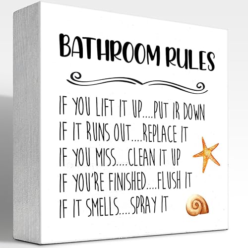 Letrero divertido de madera con reglas de baño, placa de bloque de madera para el hogar, baño, estante de pared, decoración de inodoro