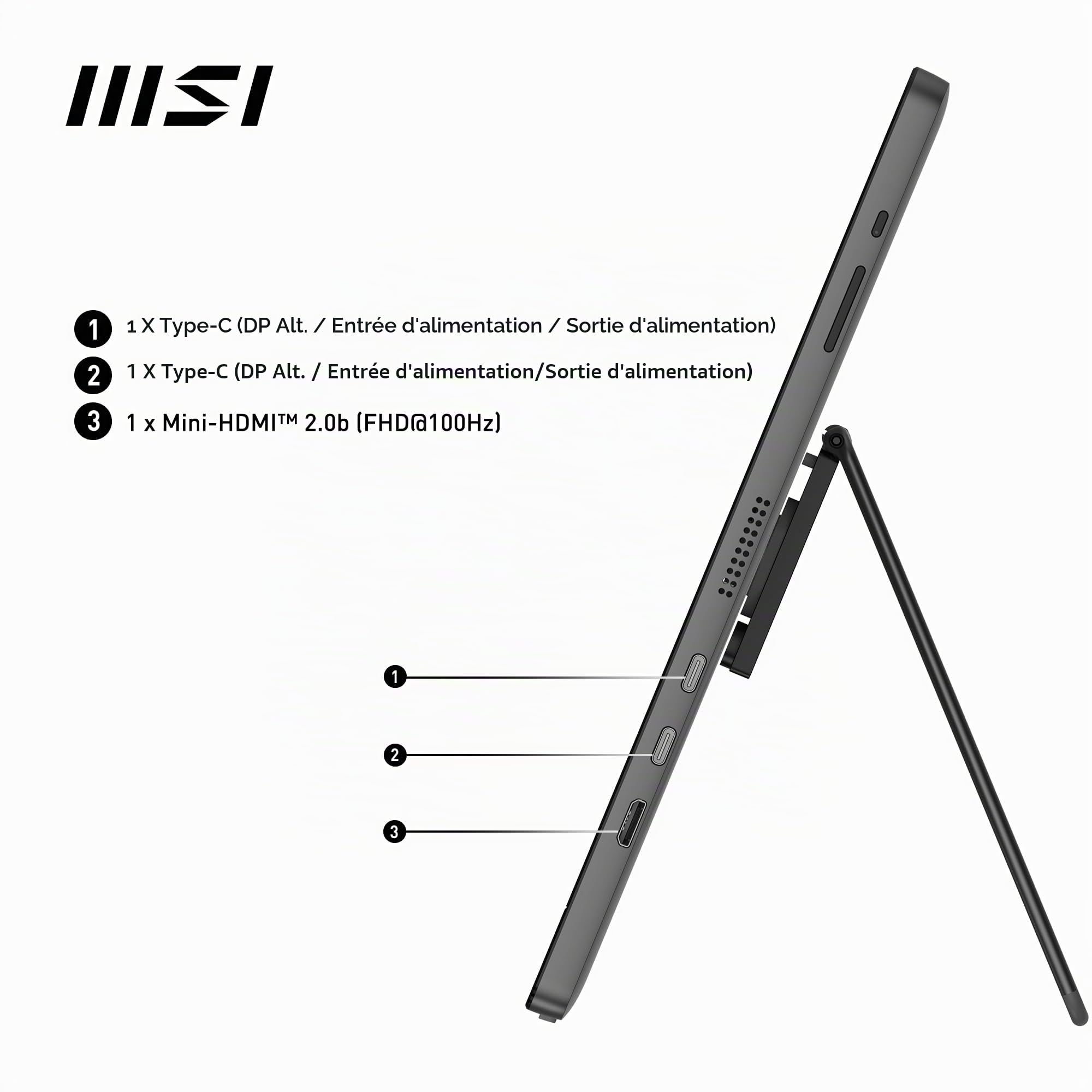 MSI Pro MP161 E2U écran Portable 15,6" Full HD - Dalle IPS 1920 x 1080, 60 Hz, 4 ms, écran respectueux des Yeux (PC, Portable, Mobile), HP intégrés - Mini-HDMI 2.0b, 2 x USB Type-C