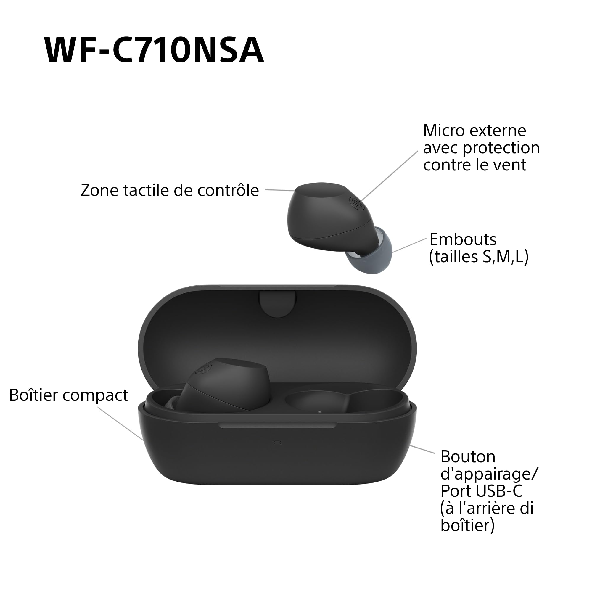 Sony WF-C710NSA - Écouteurs sans Fil à réduction de Bruit, écouteurs légers, Commandes tactiles, Connexion multipoint, IPX4, jusqu'à 40 HR de Pile, Charge Rapide, iOS et Android - Noir