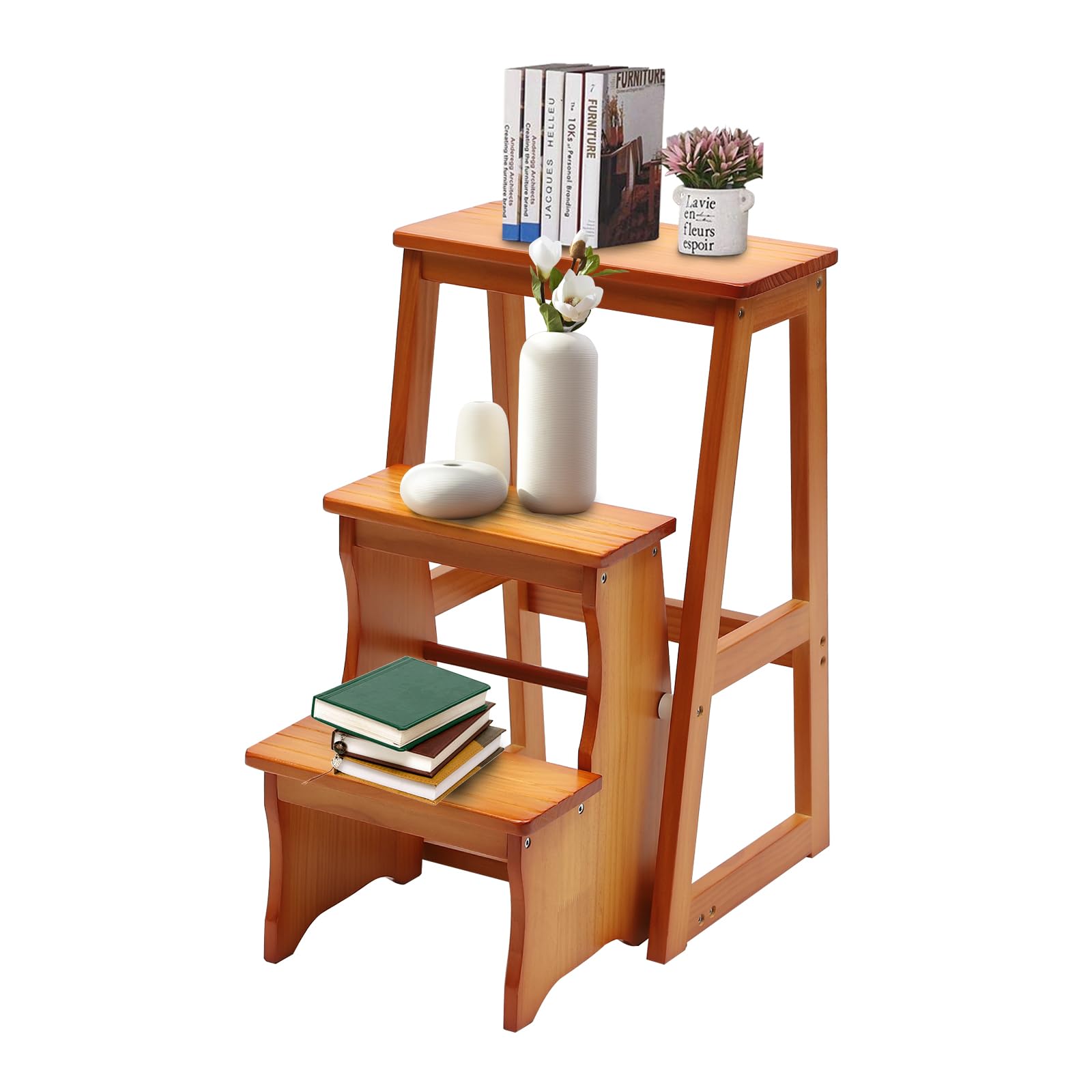 Folding Library Ladder Chair, Portable Multifunctional Step Stool,3 Steps Stool Stepladders Solid Wood Folding Library Ladder Chair Display Stand & Flower Stand for Home,Kitchens, Garages (Honey)
