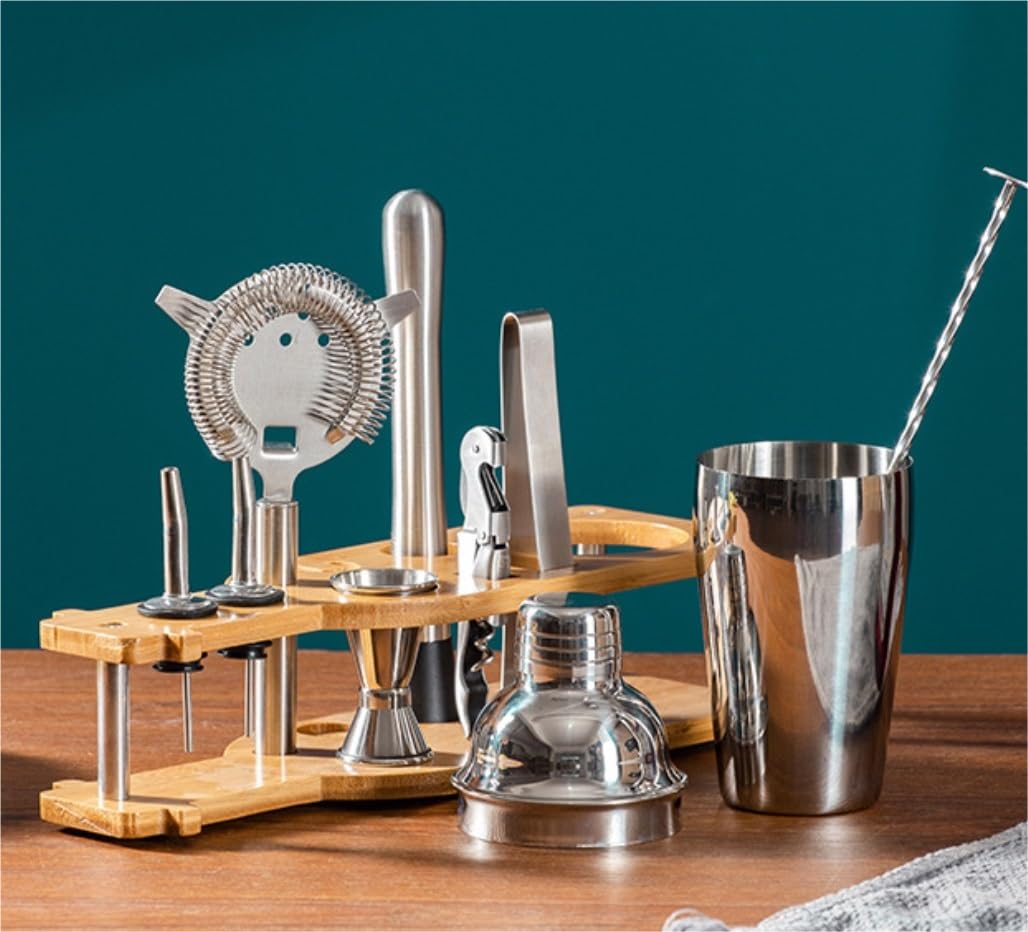 Juego de Cocktail Shaker Juego De Coctelera Mixology Bartender Kit con Soporte, Juego De Herramientas De Barra De Cóctel De 10 Piezas para Mezclador De Bebidas Coctelera Profesional Herramientas (Col