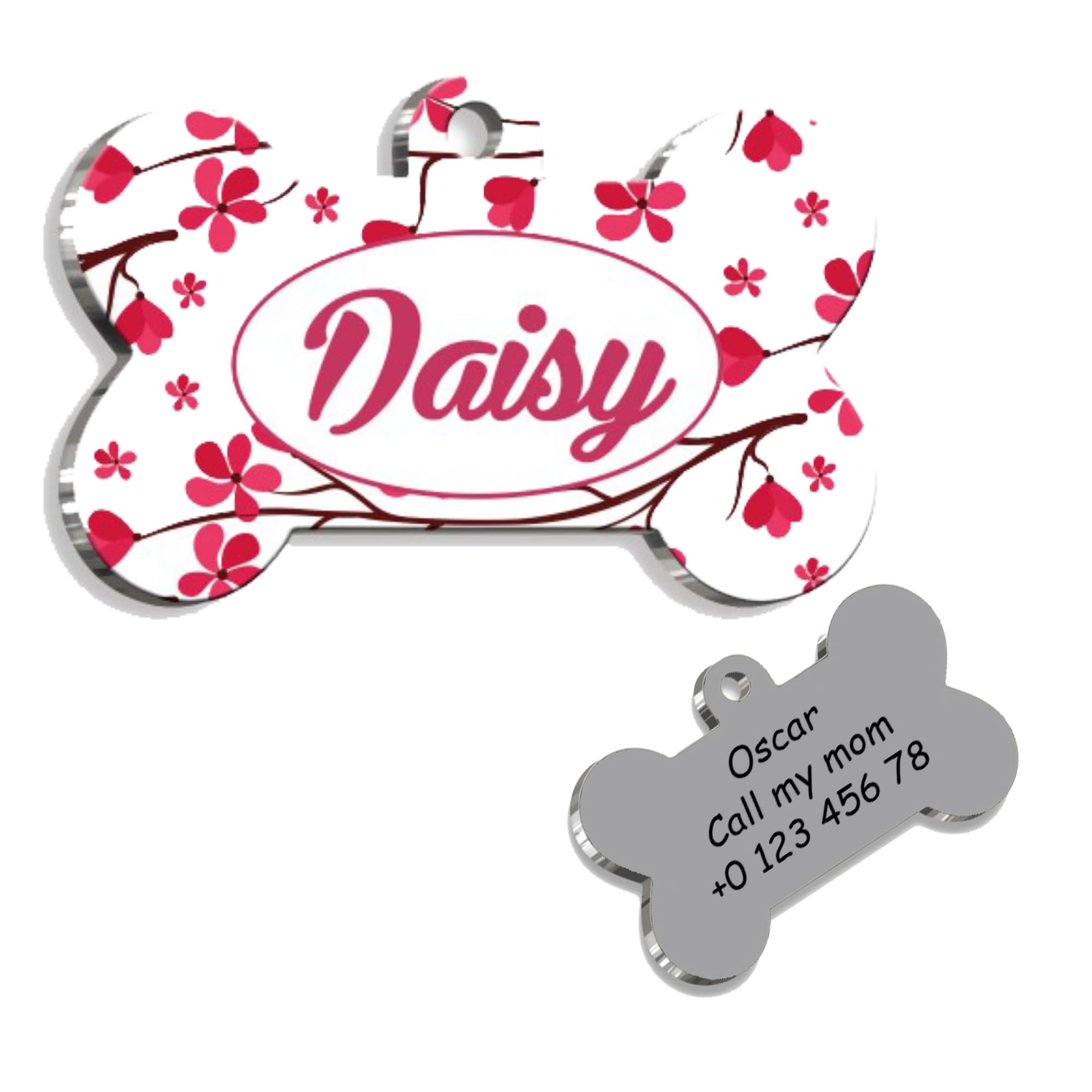 Pink Flowers Bone Personalized Dog Tag - Custom Name Tag - ID Tag for Dog & Cat - Customized Pet Tags - Dog Name Tag - Cat Name Tag - Engraved Dog Tag