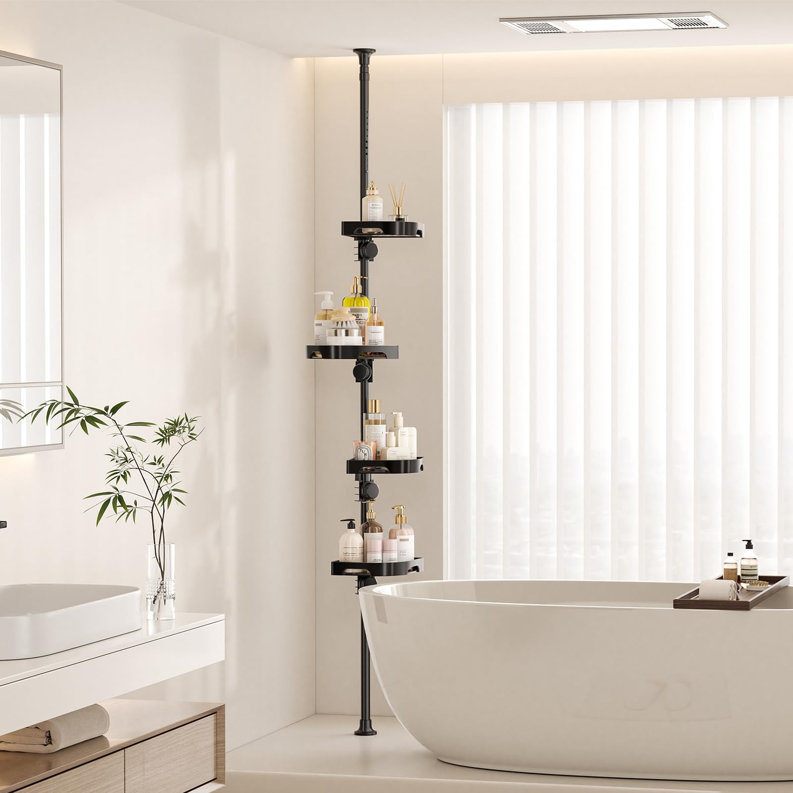 Organizador de barra de tensión de 4 niveles para ducha, ajustable, resistente al óxido, estantes de plástico con barandilla de seguridad, almacenamiento de baño para ducha y bañera (negro 7
