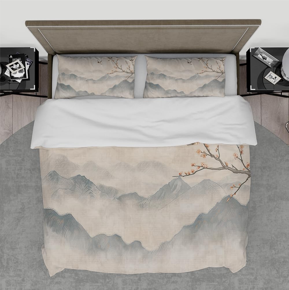 Linge de lit 180x200cm avec housse de couette oiseaux fleurs beige gris en microfibre respirante