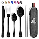 Taplord Portable Travel Silverware Set With Case, Includes 5 Pcs of Travel Utensils With Case, Stainless Steel Flatware Set For Camping, Easy to Travel, Lightweight (Black), Medium, TL-05B