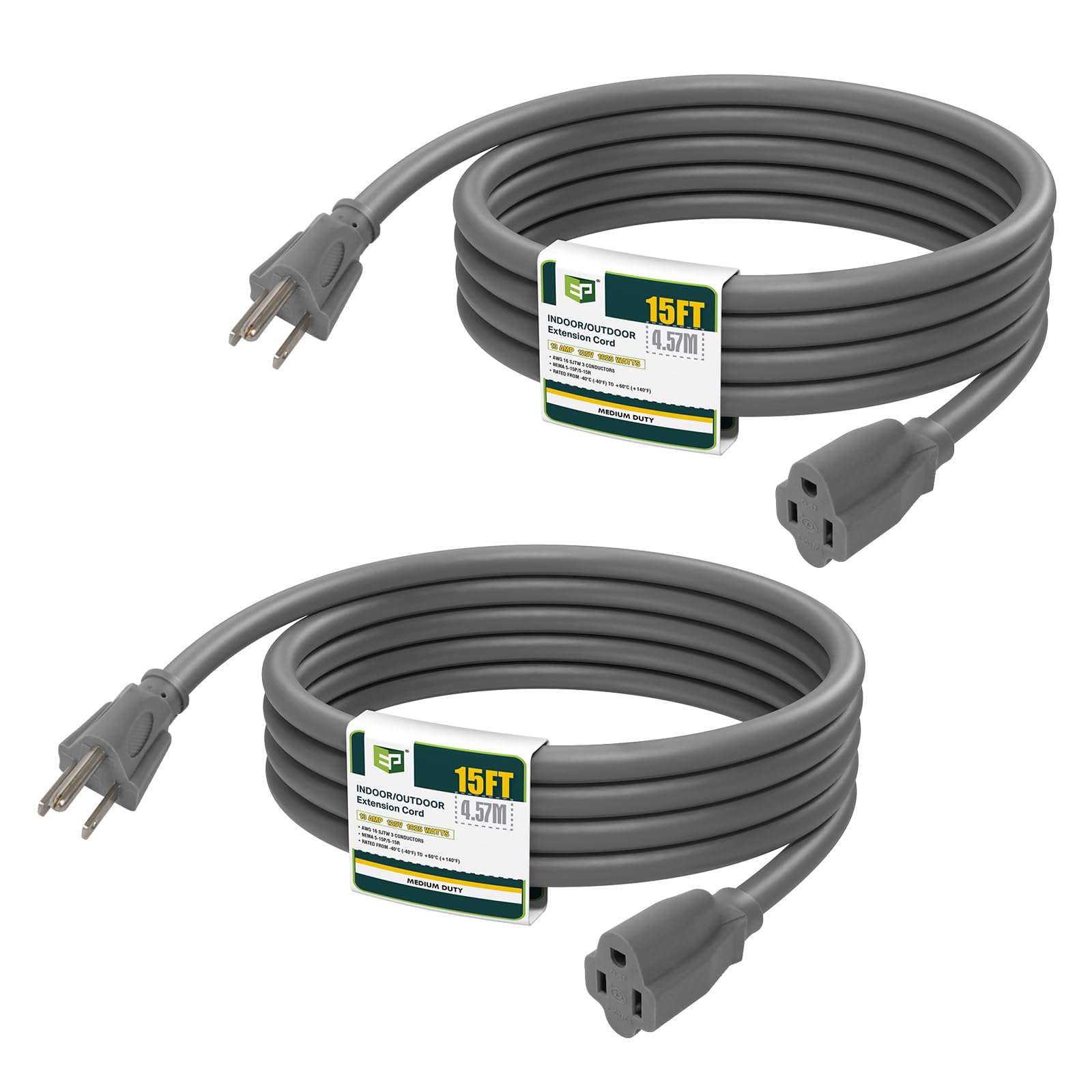 EP 15 FT Outdoor Extension Cord, 16/3 SJTW Heavy Duty Grey 2PK, ETL Listed