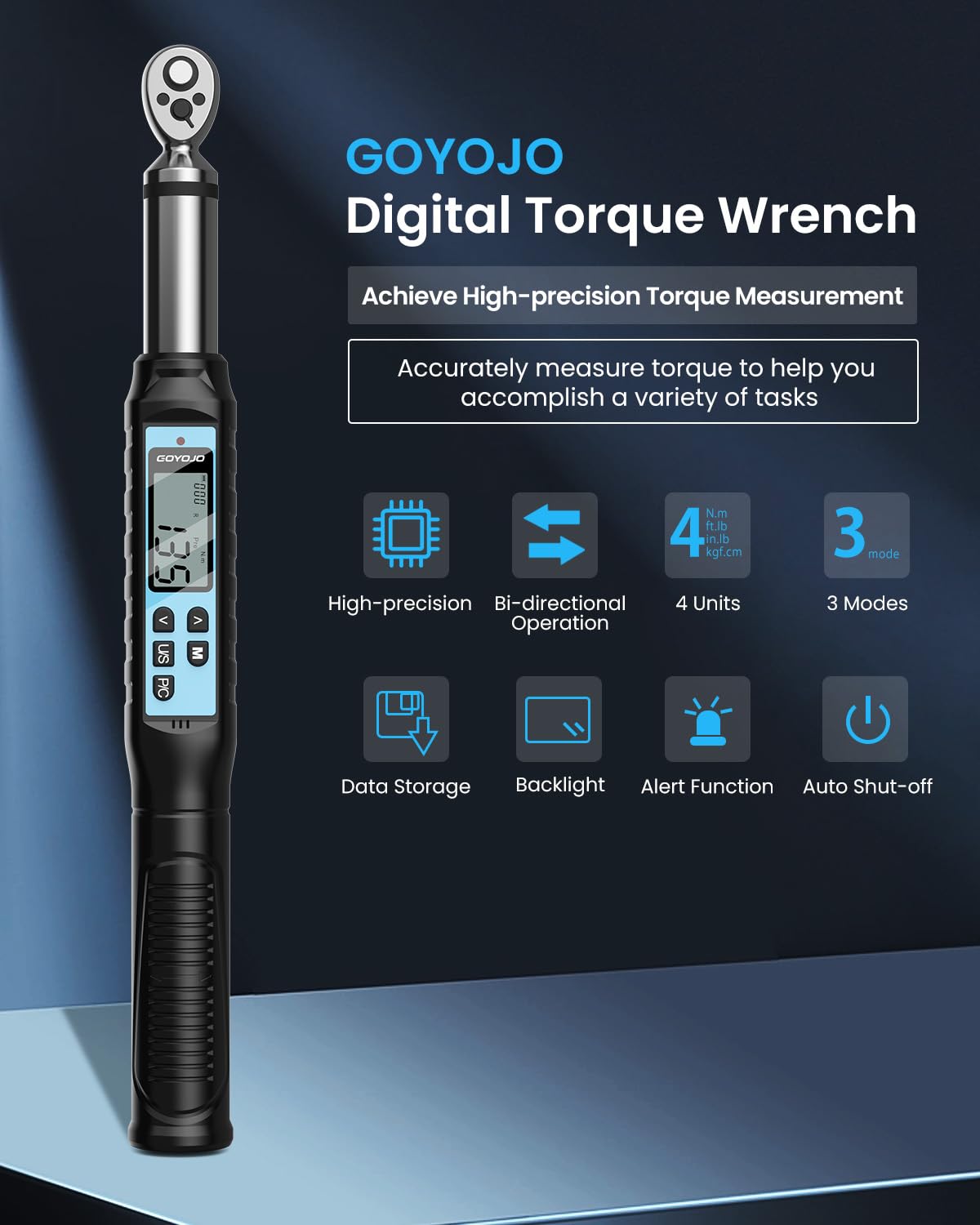 GOYOJO Digital Torque Wrench, High-Precision 3/8" Drive with Buzzer & LED- Accurate Clockwise ±2% / Counterclockwise ±2.5% - Image 3