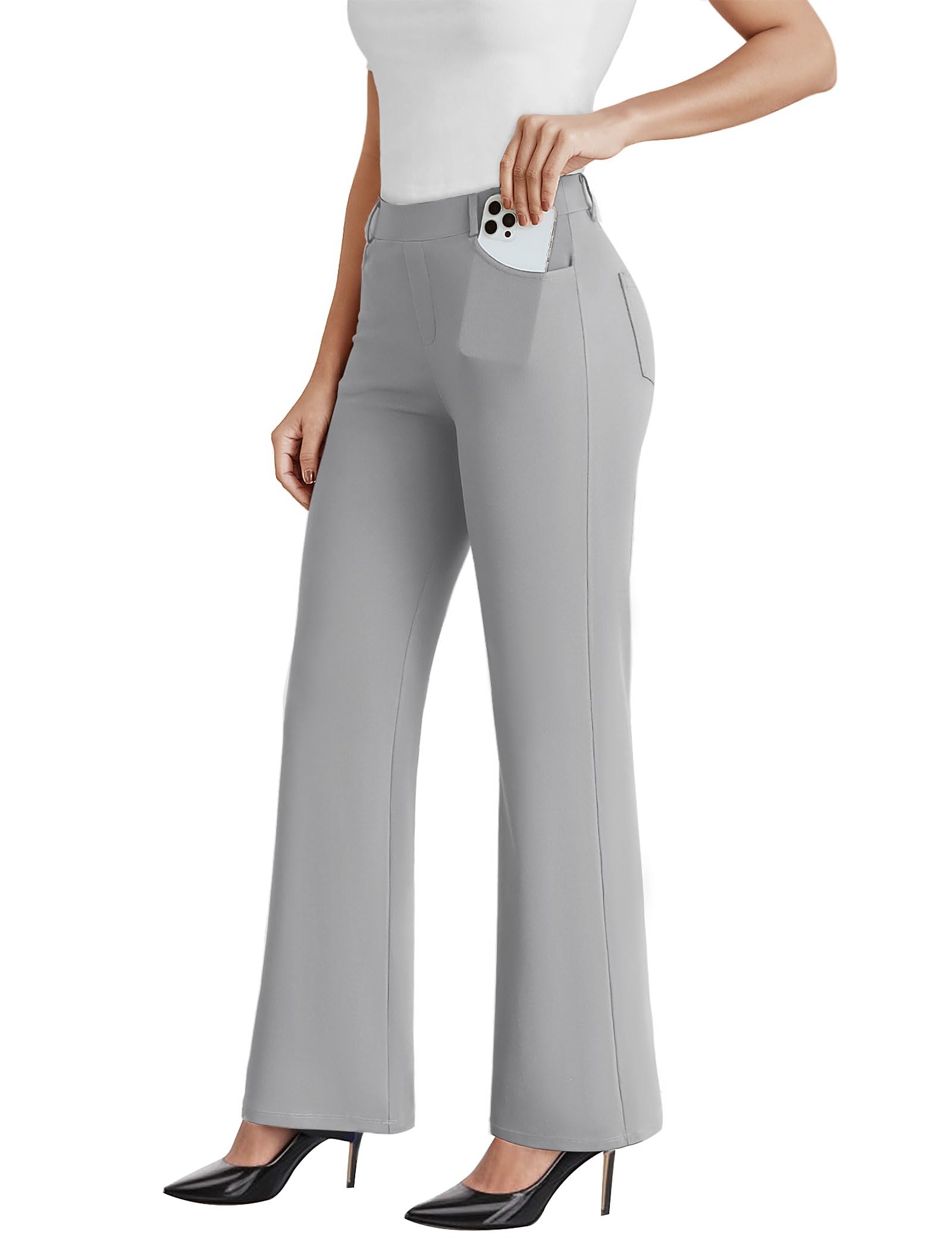 Dress Work Pants Women Business Casual Slack Trousers Stretchy Pull On Office Flare Pants with Pockets