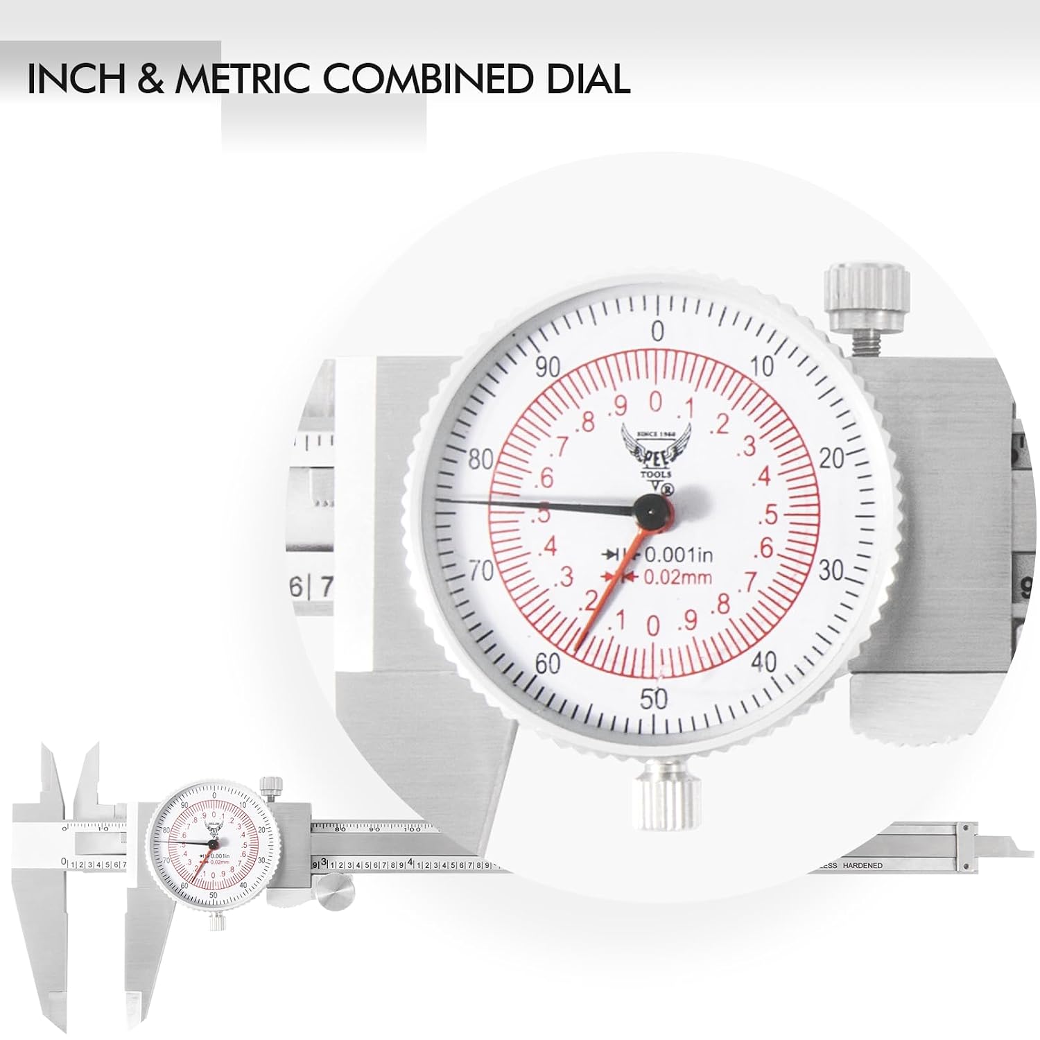 PECtools 8 Inch Dial Caliper, DIN 862 Inch/Metric Double Dial Caliper, 0-200mm, 0.001"/0.02mm Resolution, Stainless Steel, Shock Resistant, with Case