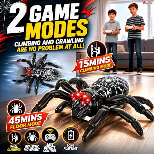 Image of VikriDA Wall Climbing Spider RC Toy with Remote Control, Rechargeable Creepy Crawler Climbs Walls & Ceilings, Glowing Eyes Prank Toy for Kids Boys Girls Birthday Gift (Multicolor)