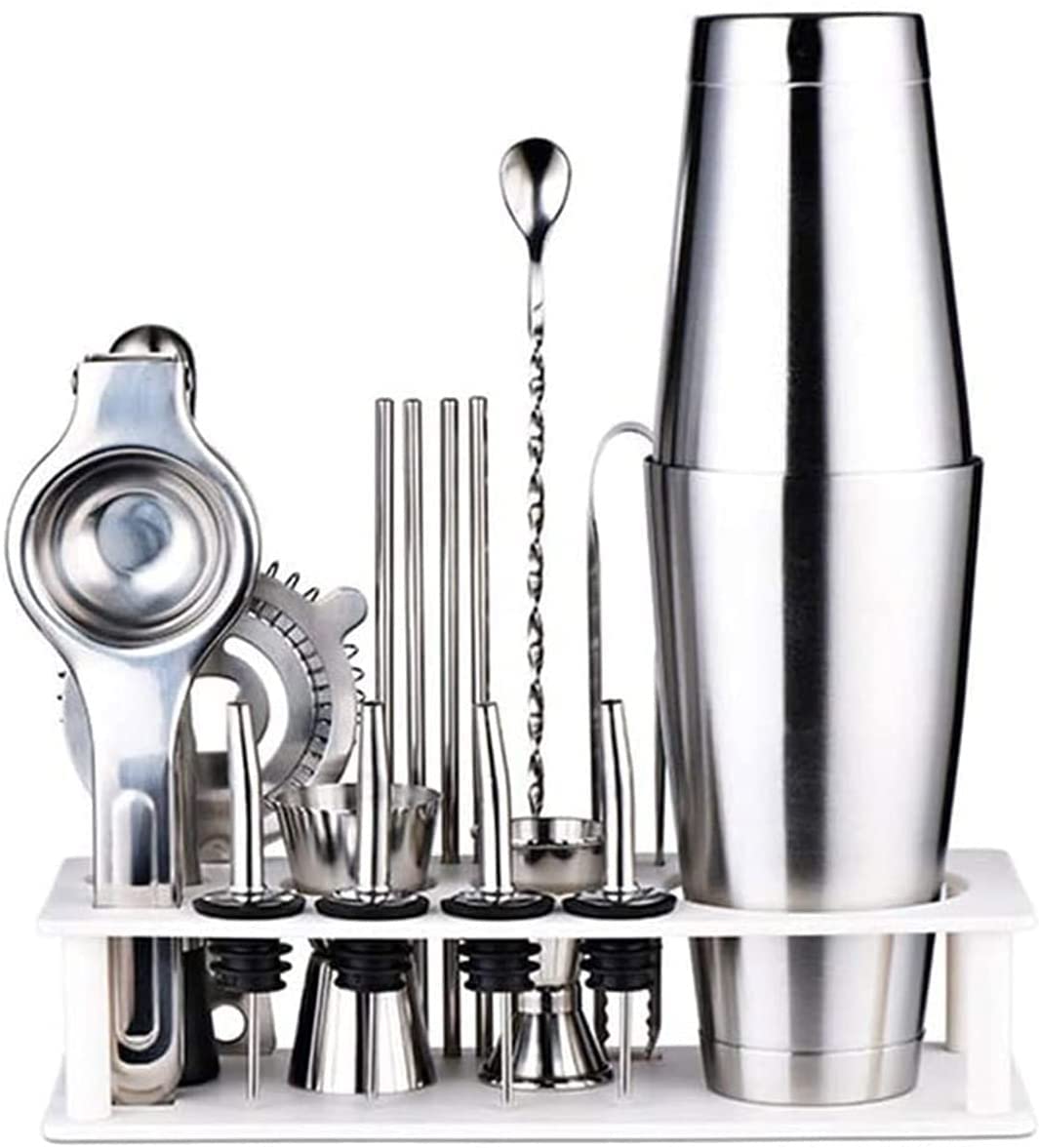 Juego de coctelera con Soporte, 16 Piezas, 750 ml, Kit de coctelera de Acero Inoxidable con Soporte, Kit de coctelera, colador, Jigger y mortero