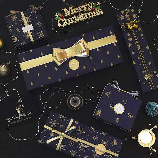 Vicor 10 Sheets Christmas Wrapping Paper,70x50CM(27.5x19.7 inch) Blue and Gold Wrapping Paper with 6 Different Patterns,Recyclable Wrapping Paper for Christmas